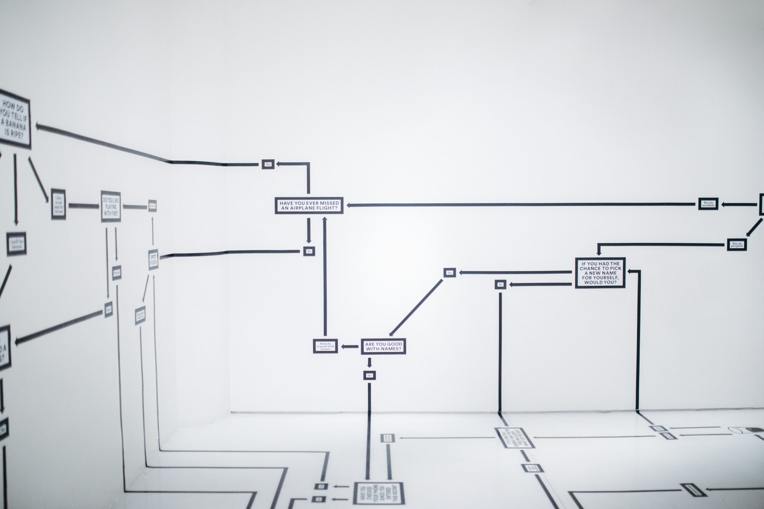A black and white flowchart with text boxes and arrows on a wall